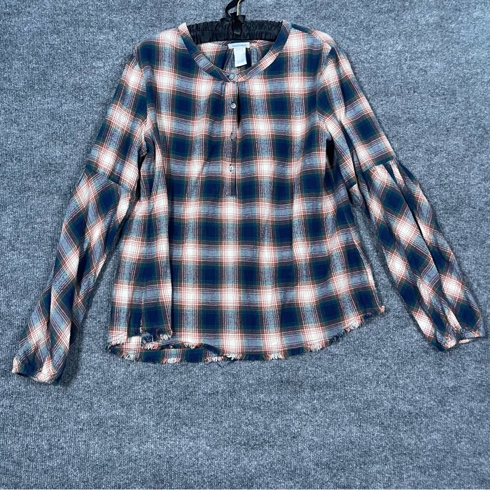 Sundance Women’s Large Dreamers Plaid Henley Top Blue Flannel Raw Hem Longsleeve
